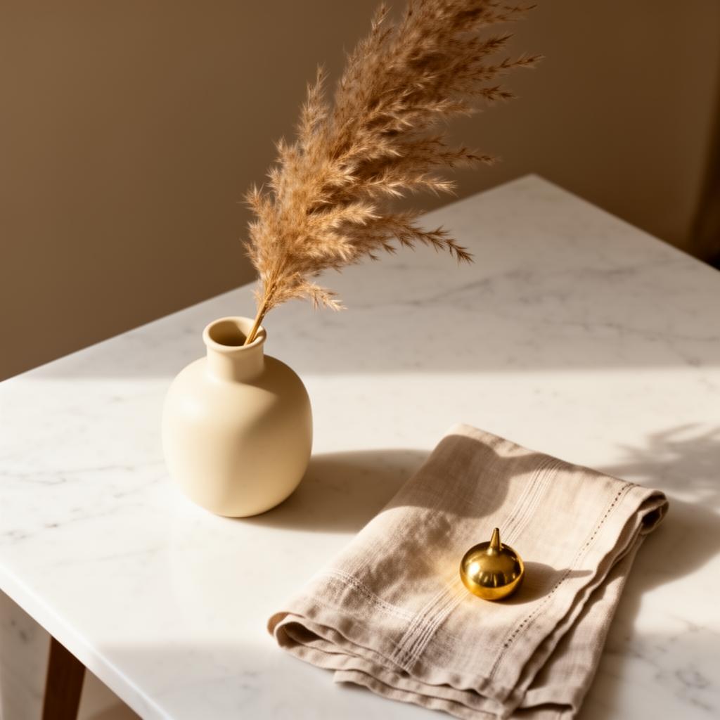 A minimal still life with linen, cream ceramics, and soft gold accents in warm morning light.